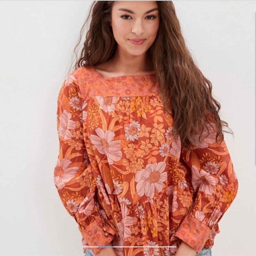 American Eagle Orange Floral Square Neck Boho Blouse